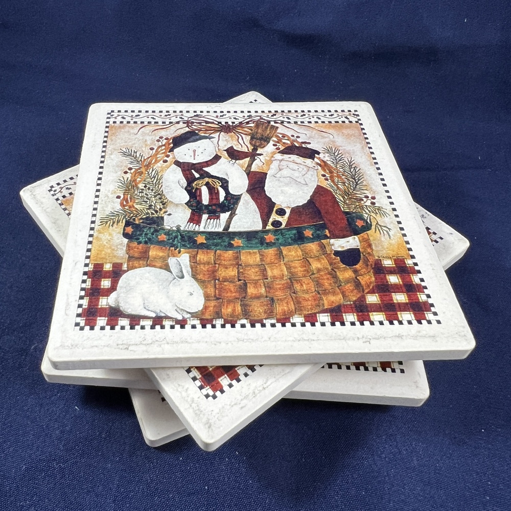 Debbie Mumm Coasters Set Of 4 Plaid Primitive Christmas Santa Snowman Rustic